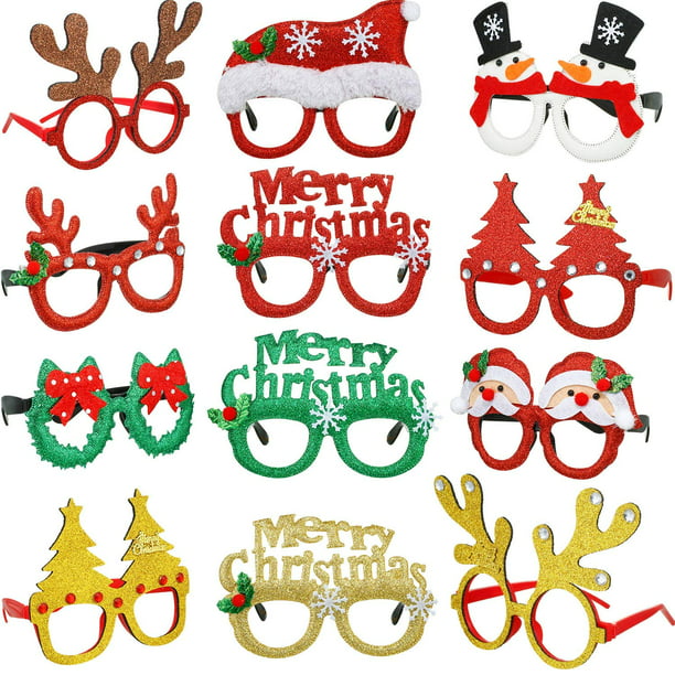 4 Assorted Designs Xmas Party Glasses Favors Set of 4 Funny Christmas Wristband Decoration for Kids and Adults for Christmas Party Christmas Glasses Frames with Christmas Slap Bracelets 